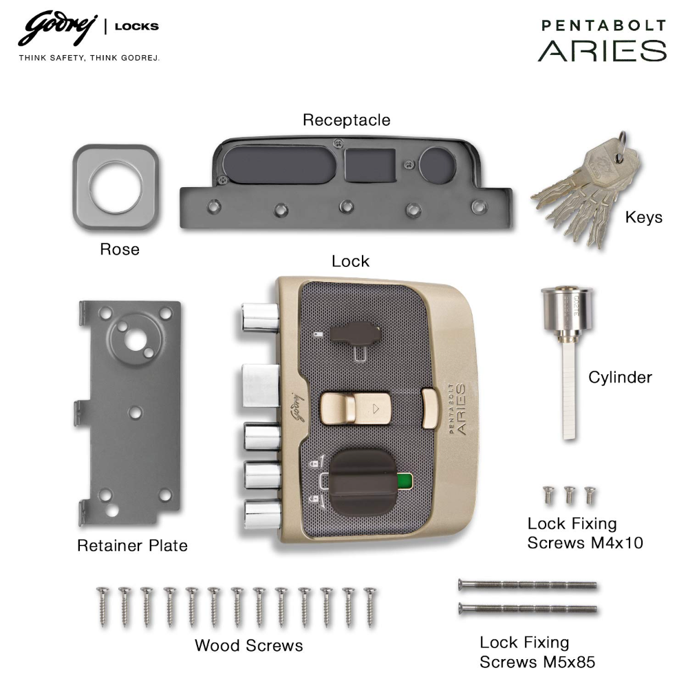 Godrej Rim Lock I Pentabolt Aries 3KS I 5 Bolts I 1CK Deadbolt I For Home Main Door I for Inside Opening Door l Left Right Handed Doors I 4Keys I 15 Year Warranty I Manual Locking I Vegas Gold Finish